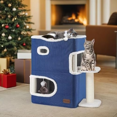 YITAHOME Katzenhaus Indoor, Katzenbett für Indoor-Katzen, Katzentonne, Katzenhöhle, Kratzbaum Klein mit Plattform, Katzenmöbel, Katzenbett Höhle, katzenhöhlen, Katzenbetten (Blau) von YITAHOME