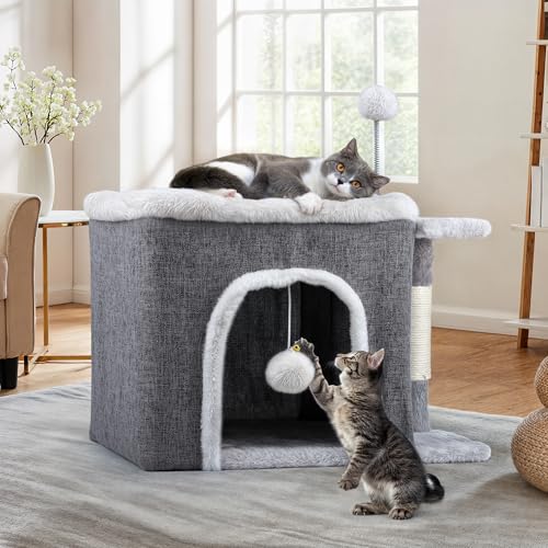 YITAHOME Katzenhaus Indoor,Faltbares Katzenhaus 47L x 40B x 32H cm Große Katzenhöhle mit Kratzbrett und Spielball Katzenbett Höhle Katzentonne für Mittlere Große Haustiere von YITAHOME