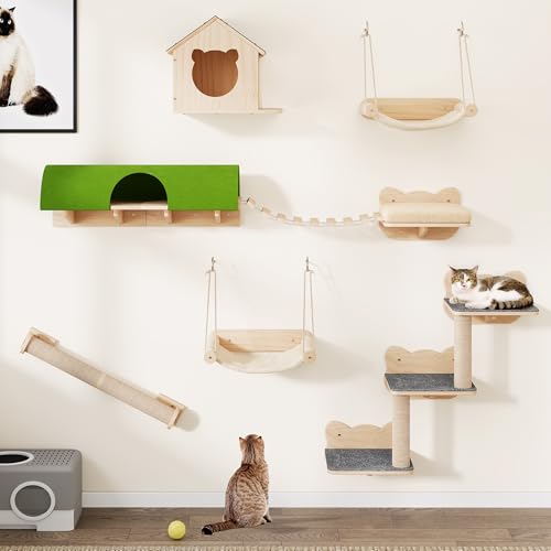 YITAHOME Katzenkletterwand-Set, Stabiler Holz Katzenmöbel, 7-Teilig Katzen Wandelemente mit Katzenhaus, Katzenhängebrücke, Katzentreppe, Hängematte und Kratzbaum zum Schlafen, Spielen und Ausruhen von YITAHOME
