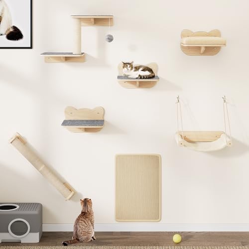 YITAHOME Katzenkletterwand-Set, Stabiler Holz Katzenmöbel, 7-Teilig Katzen Wandelemente mit Katzentreppe, Katzenkratzbäumen, Katzenkratzbrettern für Katzen zum Schlafen, Spielen und Ausruhen von YITAHOME