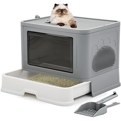 YITAHOME Katzenklo Groß, Katzentoilette mit Deckel, Geruchlose Hop In Toilette, inkl. Streuschaufel & Reinigung (Grau) von YITAHOME