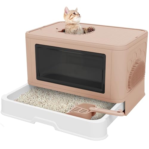 YITAHOME Katzenklo Groß, Katzentoilette mit Deckel, Geruchlose Hop In Toilette, inkl. Streuschaufel & Reinigung (Rosa) von YITAHOME