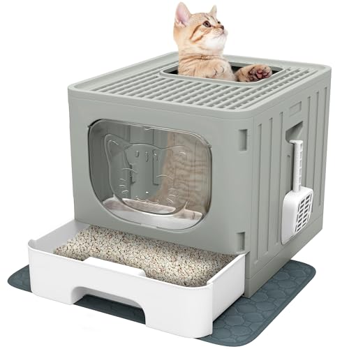 YITAHOME Katzenklo mit Deckel, große geschlossene Katzentoilette, haubenartiges geruchloses Spritzschutz-Katzenklo mit Schubladen-Abfallwanne, Streuschaufel, Faltbare Katzentoilette mit Haube (Grau) von YITAHOME