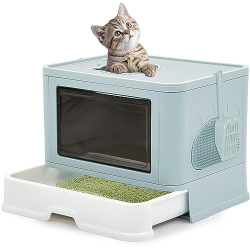 YITAHOME Katzentoilette mit Deckel, Katzenklo Groß, Katzenklo Hop In, Geruchlose Katzentoilette mit Kapuze, mit Streuschaufel, Reinigen (Blau) von YITAHOME