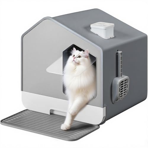 YITAHOME XXL katzenklo mit Deckel und Katzenstreu Matte, 44x40x45cm, Häuschen-Design katzentoilette mit Streumatte & Schaufel, Einfache Schubladen-Reinigung, Hohe Kanten Cat Litter Box (Grau) von YITAHOME