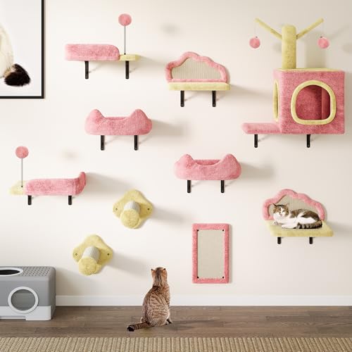 YITAHOME Kletterwand Katzen Set aus Flanell, 10-Teiliges Stabiler Katzenmöbel mit Katzenhaus, Katzenbett, Katzenkratzbrett, Sisalsäule, Katzenspielzeug, für Katze Schlafen Spielen Lounging von YITAHOME