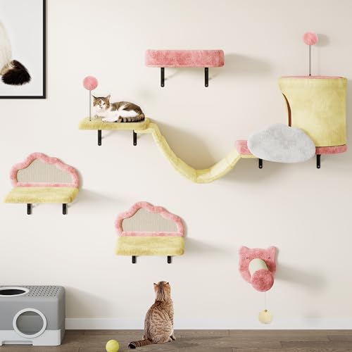 YITAHOME Kletterwand Katzen Set aus Flanell, 6-Teiliges Stabiler Katzenmöbel mit Katzenhaus, Katzenbett, Katzenhängebrücke, Sisalsäule, Katzenspielzeug, für Katze Schlafen Spielen Lounging von YITAHOME