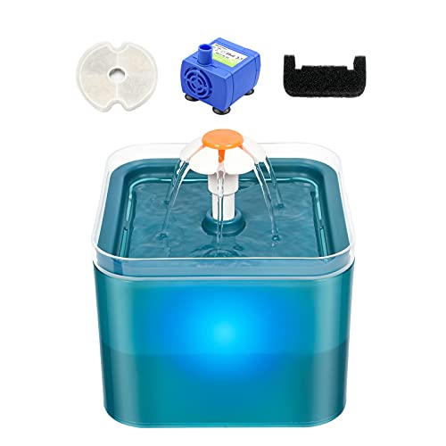 YIWENG 2L Katzenbrunnen 3 Wassermodi Trinkbrunnen mit LED Nachtruhepumpe Haustiertrinkbrunnen Haustier Langsamer Wasserspender mit 2 Baumwollfiltern für Katzen und kleine Hunde von YIWENG