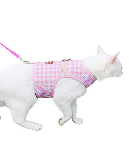 Yizhi Miaow Katzengeschirr und Leine zum Spazierengehen, ausbruchsicher, verstellbare Katzen-Wanderjacken, gepolsterte, stilvolle Katzenweste, rosa kariert, Größe XS von YIZHI MIAOW