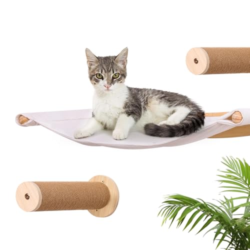 YJTREMFYX Wandmontierte Katzenhängematte mit Sisal-Kratzsäulen, Naturholzfurnier und niedlichem weißem Leinen-Matratzengestell, geeignet zum Schlafen, Klettern und Ausruhen von Katzen von YJTREMFYX