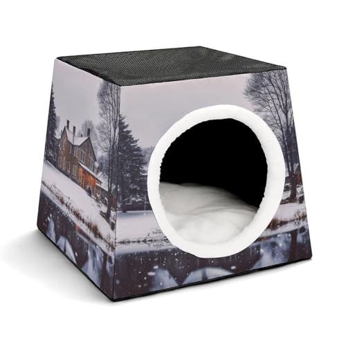 YJWANDL Weltraumkapsel Haustierbett für Katzen und kleine Hunde, Winter-Bauernhaus-Druck, tragbares Haustierbett, kleines Haustierbett, gemütliches und maschinenwaschbares Haustiernest YJWANDL Weltraumkapsel Haustierbett für Katzen und kleine Hunde, Winter-Bauernhaus-Druck, tragbares Haustierbett, kleines Haustierbett, gemütliches und maschinenwaschbares Haustiernest von YJWANDL