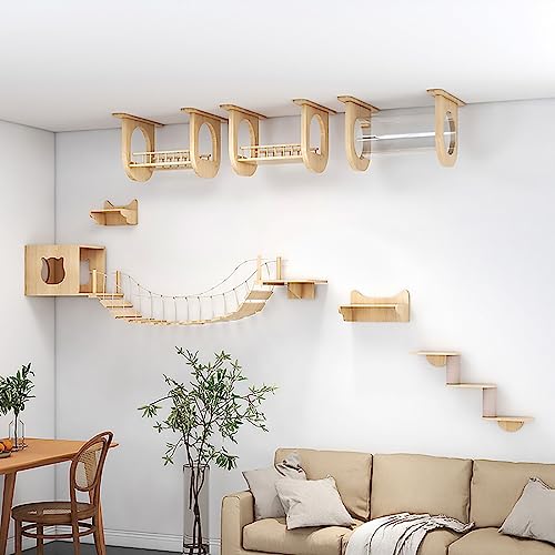 Katzenklettergerüst-Set aus Massivholz, wandmontierte Katzenwandmöbel, platzsparend, for Wand-Katzenkletterregal und Sitzstange(Set7) von YKMYXZ