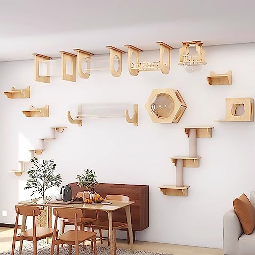 Katzenklettergerüst-Set aus Massivholz, wandmontierte Katzenwandmöbel, platzsparend, for Wand-Katzenkletterregal und Sitzstange(Set8) von YKMYXZ