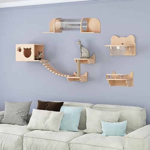 Katzenregale und -Sitzstangen aus Massivholz for die Wand, Katzenklettergerüst-Set, Katzenspielplatz, platzsparend, Selbstmontage(Style 2) von YKMYXZ