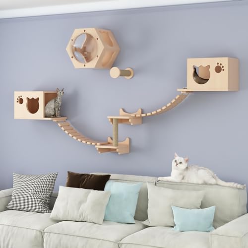 Katzenregale und -Sitzstangen aus Massivholz for die Wand, Katzenklettergerüst-Set, Katzenspielplatz, platzsparend, Selbstmontage(Style 5) von YKMYXZ