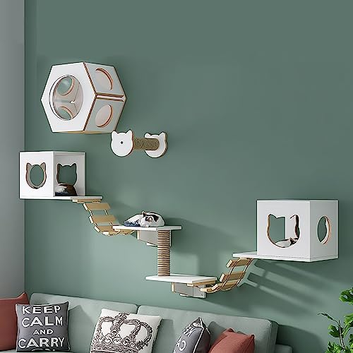 Katzenwandmöbel-Set aus Massivholz, Katzenregale und Sitzstangen for die Wand, Platzsparende DIY-Katzenkletterwand(S1) von YKMYXZ