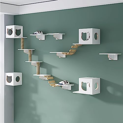 Katzenwandmöbel-Set aus Massivholz, Katzenregale und Sitzstangen for die Wand, Platzsparende DIY-Katzenkletterwand(S2) von YKMYXZ