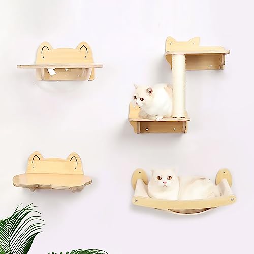 Set mit Wandregalen und Sitzstangen for Katzen, Katzennest aus Massivholz, wandmontierte Katzen-Raumkapsel, Wandhängematten-Sprungplattform(Set) von YKMYXZ