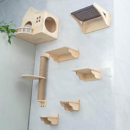 Wandmontiertes Katzenwandregal und Katzenstange aus Massivholz, DIY-Katzennest, Sprungplattform, Raumkapsel, Sisal-Kratzbaum(Style2) von YKMYXZ