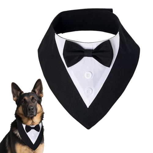 YKYUASD Hunde-Smoking-Bandana, Halsband mit Fliege, formelle Hochzeit, verstellbar, Haustier-Smoking-Kostüm für große und mittelgroße Haustiere, Geburtstagskleidung, Outfit, Geschenke (schwarz, groß) von YKYUASD