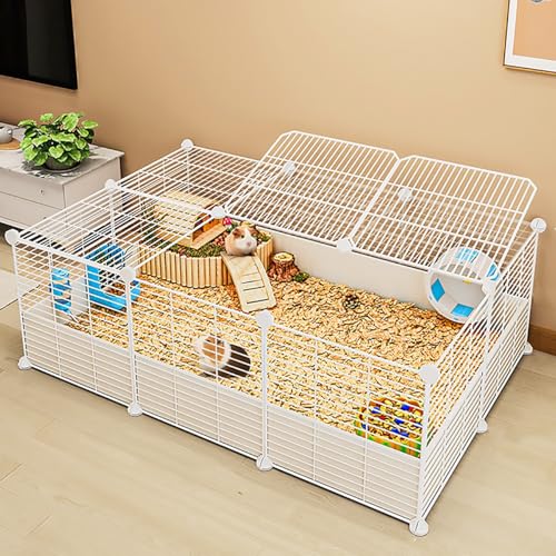 Kaninchenkäfig, Meerschweinchen Gehege Kaninchenzaun mit Automatischer Kotentfernung und Fußmatten, Laufstall für Kleintiere für Meerschweinchen, Kaninchen(White,111 * 72 * 37cm) von YLEPHNE