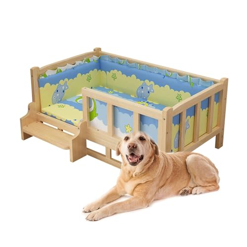 Haustierbett Erhöhtes Haustierbett aus Holz für Hunde/Katzen mit Treppen und waschbarer, Abnehmbarer Matratze für den Innen- und Außenbereich Hundebett von YMPFDGPW
