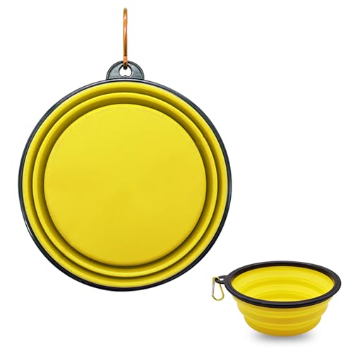 Zusammenklappbarer Hundenapf, Reise-Hundenapf mit Hakenkarabiner, 1000 ml Premium Silikon Erweiterbarer Hundenapf für Haustier Indoor und Outdoor Aktivität (Gelb) von YMTWSRY