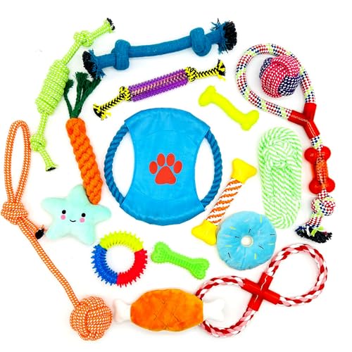 YMZHWR Kauspielzeug für Welpen, zum Zahnen kleiner Hunde, 17 Stück, Kauspielzeug für Welpen, Kauspielzeug für Welpen, inklusive Kauspielzeug für Welpen, Seil, quietschendes Hundespielzeug (20 Stück) von YMZHWR