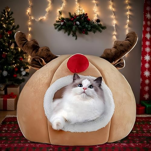 YNPQTDS Weihnachtskatzenbett, Hundebett Weihnachten | Atmungsaktive Weihnachts-Winter-Katzenhöhle | Hundezeltbett, waschbares Katzennest für den Innenbereich, halbgeschlossenes Katzenhausbett für von YNPQTDS