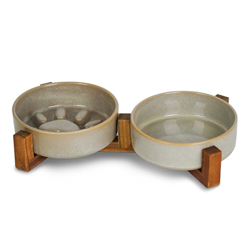 Keramik-Hundenapf-Set mit Standfüßen, süße Pfoten-Design Langsamfressnapf und Wassernapf für mittelgroße Hunde, rutschfest, Geburtstagsgeschenk, grau (Mittel) von YOBRO