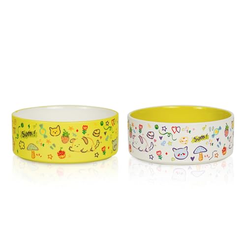 YOBRO Niedlicher Keramiknapf für Hunde und Katzen, 13 cm Wassernapf und Futternapf für kleine Hunde und Katzen, 482 ml, rutschfester Hundenapf für kleine Haustiere, Gelb und Weiß, 2 Stück von YOBRO