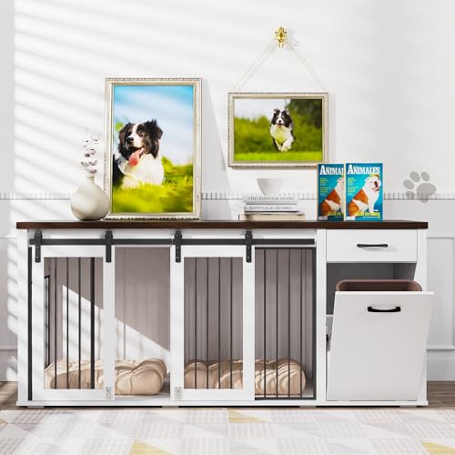 YOCONYO Große Hundebox für große Rassen, 180 cm, aus Holz, mit herausklappbarem Mülleimer, Schubladen, Trennwand und Schiebetür, Doppeltüren, Hundebox für 2 Hunde, Weiß YOCONYO Große Hundebox für große Rassen, 180 cm, aus Holz, mit herausklappbarem Mülleimer, Schubladen, Trennwand und Schiebetür, Doppeltüren, Hundebox für 2 Hunde, Weiß von YOCONYO