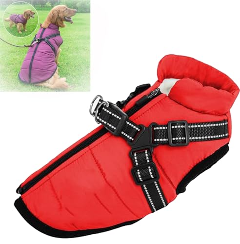 YODAOLI Waterproof Winter Dog Jacket with Built-in Harness, Winter Warm Dog Coat with Detachable Harness, Dog Jacket with Harness, Waterproof Windproof Dog Winter Warm Coats (Large,Red) von YODAOLI