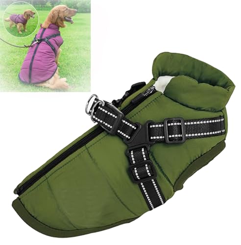 YODAOLI Waterproof Winter Dog Jacket with Built-in Harness, Winter Warm Dog Coat with Detachable Harness, Dog Jacket with Harness, Waterproof Windproof Dog Winter Warm Coats (XX-Large,Green) von YODAOLI