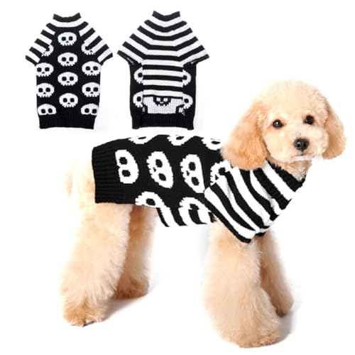 Leichter Haustier-Pullover, atmungsaktiv, dehnbar, Acryl, weich, gestrickt, Skelett-Kopf-Kleidung, waschbar, Halloween-Hunde-Tuch von YOFAPA