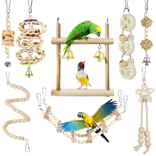 Vogelschaukel-Leiter-Spielset, 8-teilig, Papageien-Kau-Spiralspielzeug, wiederverwendbares Set, natürliches Spielzeug, Vogel zum Aufhängen, Beißspiel von YOFAPA