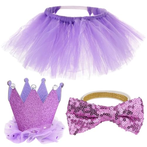 YOFAPA Ballerina-Kleid mit Fliege und Krone, Set für Hunde, Prinzessinnen-Kostüm, Partykleidung für Katzen, Hochzeitskleid und Geburtstagsgeschenke für kleine, mittelgroße Haustiere, Violett von YOFAPA