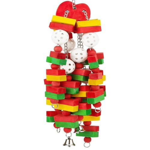 YOFAPA Interaktives Vogelspielzeug aus Kunststoff und Holz mit Metallglocke, langes Papageienbeißspielzeug zum Aufhängen von YOFAPA