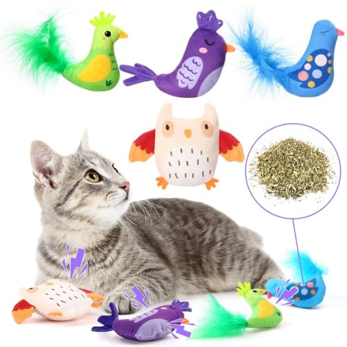 YOFAPA Katzenminze-Spielzeug für Katzen: 4 Kätzchen, natürliche Katzenminze, Vogel, Plüsch-Kauspielzeug für Katzen im Innen- und Außenbereich von YOFAPA