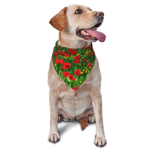 Roter Mohnfeld-Bauernhof-Wiesen-Landschaftsdruck, Hunde-Bandanas, Katzen-Welpen-Schals, waschbares Haustier-Taschentuch von YOFIEN