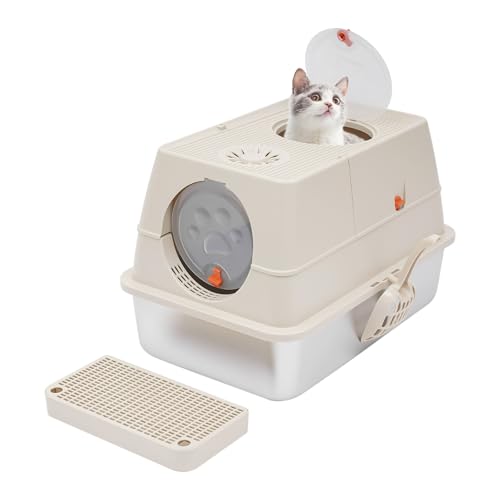 Katzenklo Edelstahl mit Deckel, XL Katzentoilette Geschlossen mit Katzenstreu Matte und Schaufel, Zwei-Tür-Konfiguration, Flip-Design, Geruchshemmend (Khaki) von YOICUATGNA