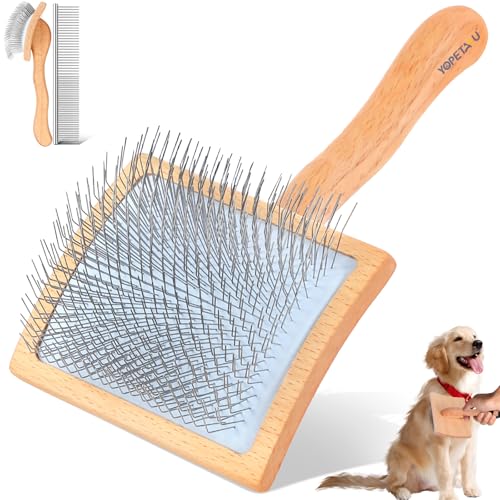 YOPETAYU Slicker Bürste Hund mit Holzgriff für mittelgroße & große Hunde wie Golden Retriever, Labrador, Pudel & Katzen mit langem Fell, entfernt loses Fell & Unterwolle, inkl. Kamm – Holz von YOPETAYU