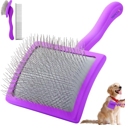 YOPETAYU Slicker Bürste Hund mit Holzgriff für mittelgroße & große Hunde wie Golden Retriever, Labrador, Pudel & Katzen mit langem Fell, entfernt loses Fell & Unterwolle, inkl. Kamm – lila YOPETAYU Slicker Bürste Hund mit Holzgriff für mittelgroße & große Hunde wie Golden Retriever, Labrador, Pudel & Katzen mit langem Fell, entfernt loses Fell & Unterwolle, inkl. Kamm – lila von YOPETAYU
