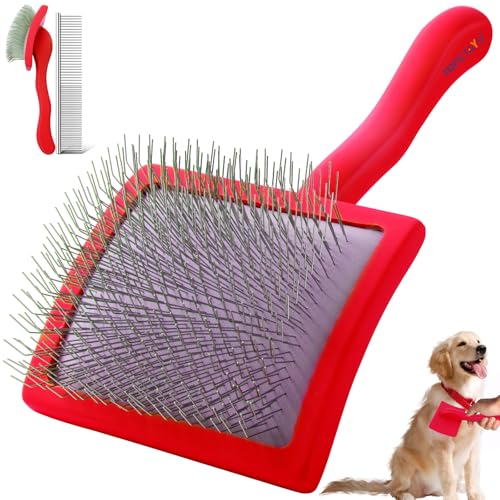 YOPETAYU Slicker Bürste Hund mit Holzgriff für mittelgroße & große Hunde wie Golden Retriever, Labrador, Pudel & Katzen mit langem Fell, entfernt loses Fell & Unterwolle, inkl. Kamm – rot YOPETAYU Slicker Bürste Hund mit Holzgriff für mittelgroße & große Hunde wie Golden Retriever, Labrador, Pudel & Katzen mit langem Fell, entfernt loses Fell & Unterwolle, inkl. Kamm – rot von YOPETAYU