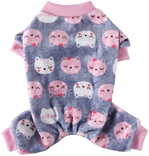 Hunde-Schlafanzug mit Herz-Print, Flanell, Fleece, for Welpen, Winter, warme Hundekleidung mit Beinen, Haustier-Onesies, Overalls, Mantel(Cat - Pink,S) von YOPI