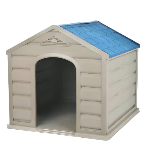 YO Pido Hundehaus für mittelgroße und kleine Haustiere, 58,4 x 61 x 68,1 cm, Kunststoff, mit Lüftungsschlitzen und erhöhtem Boden, Weiß und Blau von YOPIDO