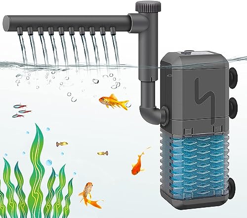 YOPOTIKA Aquariumfilter, 4-in-1 interne Aquarium-Filterpumpe mit Sprühstange, reinigt Wasser, 6 W, 600 l/h, geräuschloser Tauchfilter für kleine Aquarien bis zu 150 Liter von YOPOTIKA