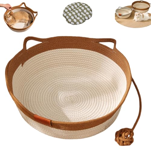 YOSEDVCB Stimulicat Katzenbett Mit Spielzeugschwanz, Katzenkorbbett, Runder Katzenbettkorb Aus Baumwollseil, Leicht Zu Reinigendes Haustiernest for Kleine Und Große Katzen Und Hunde(Brown,Medium) von YOSEDVCB