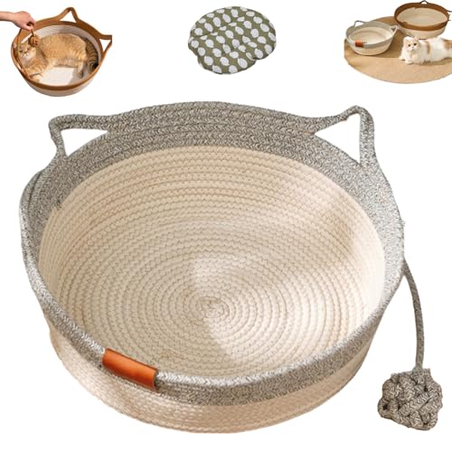 YOSEDVCB Stimulicat Katzenbett Mit Spielzeugschwanz, Katzenkorbbett, Runder Katzenbettkorb Aus Baumwollseil, Leicht Zu Reinigendes Haustiernest for Kleine Und Große Katzen Und Hunde(Gray,Small) von YOSEDVCB