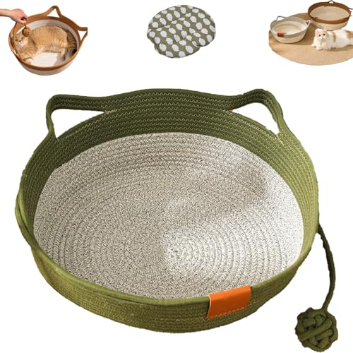 YOSEDVCB Stimulicat Katzenbett Mit Spielzeugschwanz, Katzenkorbbett, Runder Katzenbettkorb Aus Baumwollseil, Leicht Zu Reinigendes Haustiernest for Kleine Und Große Katzen Und Hunde(Green,Medium) von YOSEDVCB
